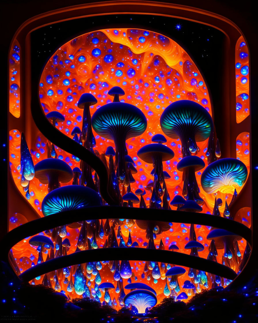 Colorful Neon Blue and Orange Mushrooms in Luminous Forest Scene
