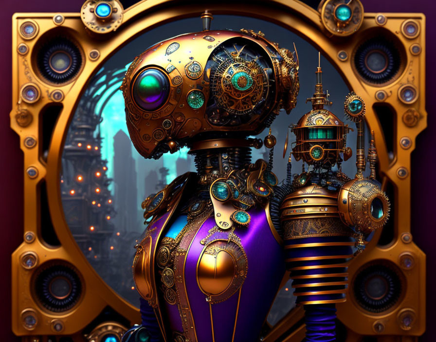Steampunk-style robot with golden gears, purple accents, gemstones, speakers, cityscape