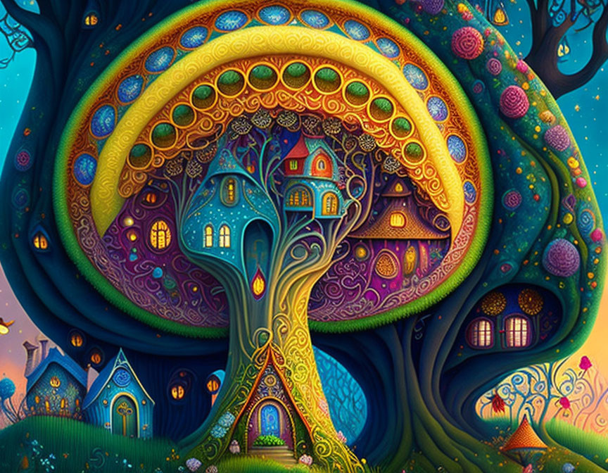 Colorful Tree Artwork with Fantasy Homes in Starry Sky
