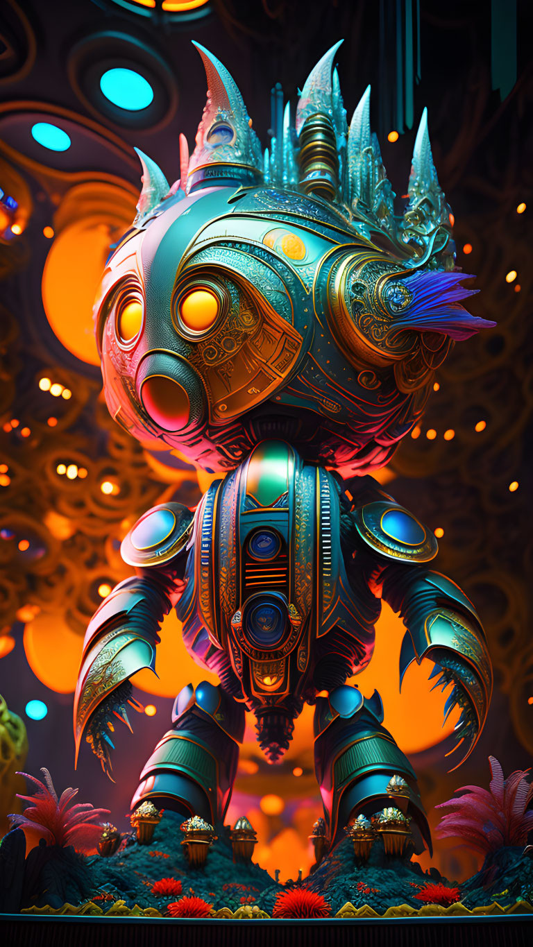 Colorful robotic figure in fantastical setting with alien foliage and ornate patterns