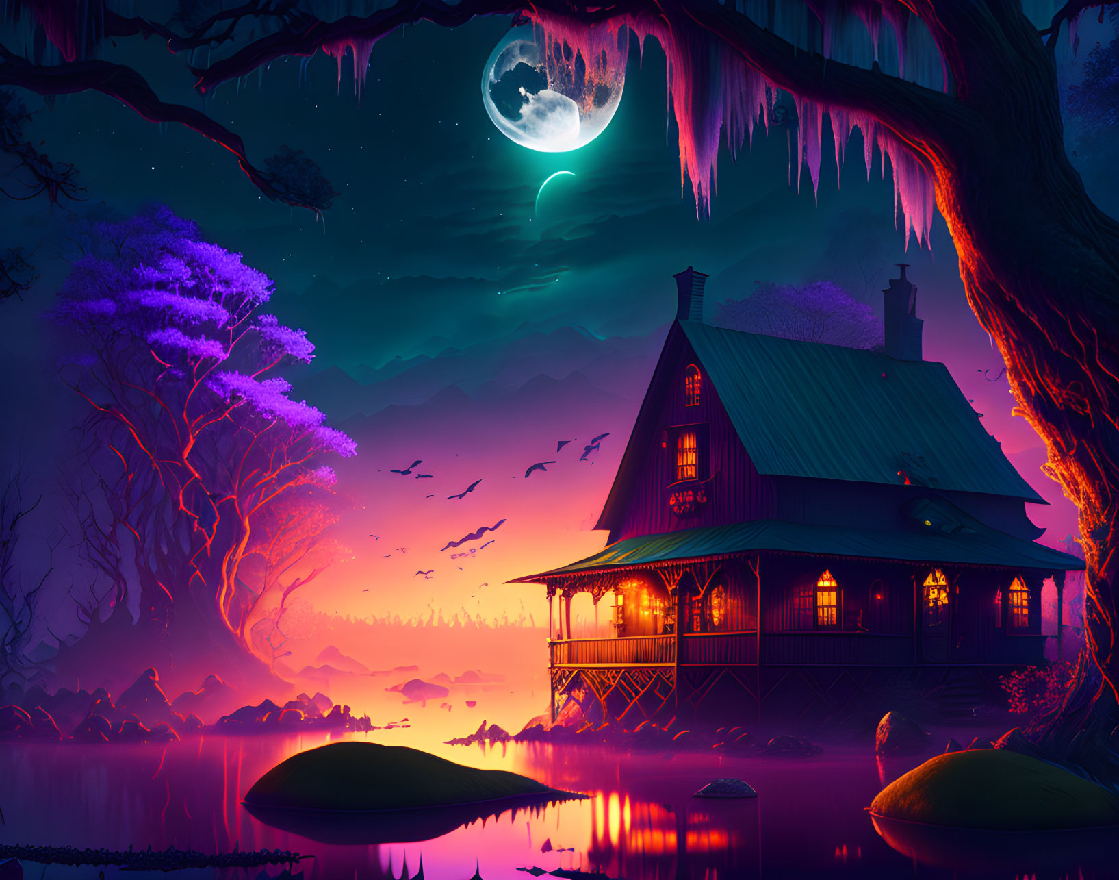 Mystical nighttime scene: cozy cabin, fluorescent trees, luminous moon.