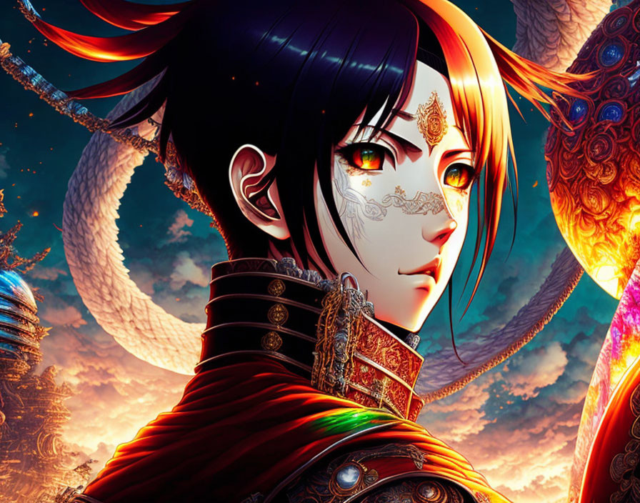 Fantasy character with black hair in ornate red and gold attire against vibrant sky.