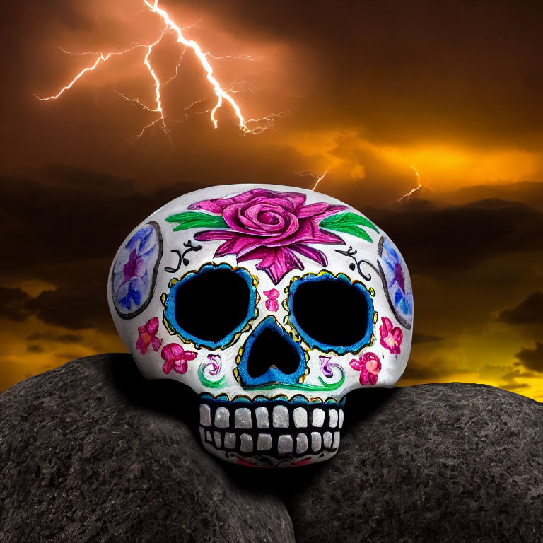 Colorful Painted Skull with Floral Designs Against Stormy Sky