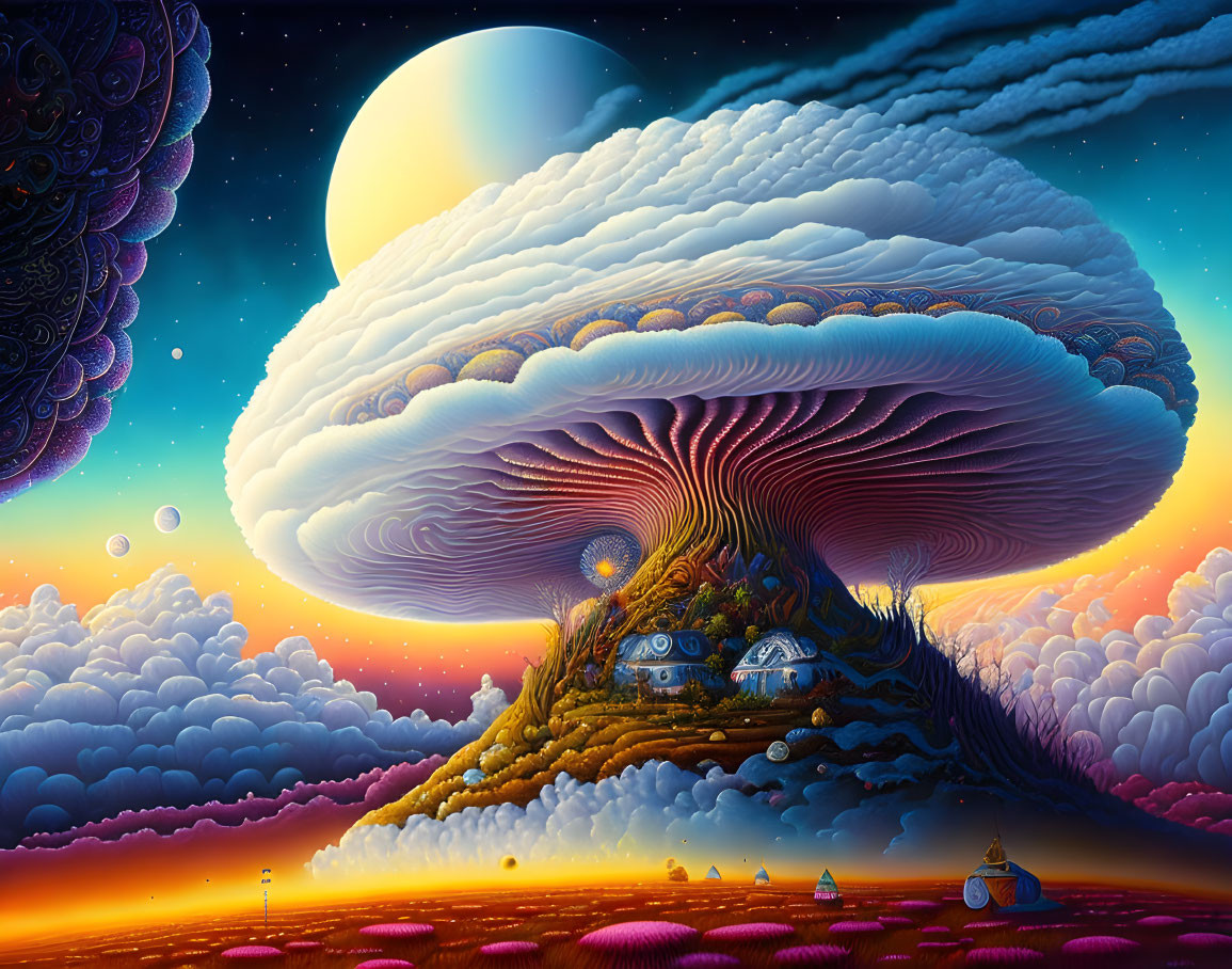 Surreal landscape with mushroom-shaped structure and celestial elements