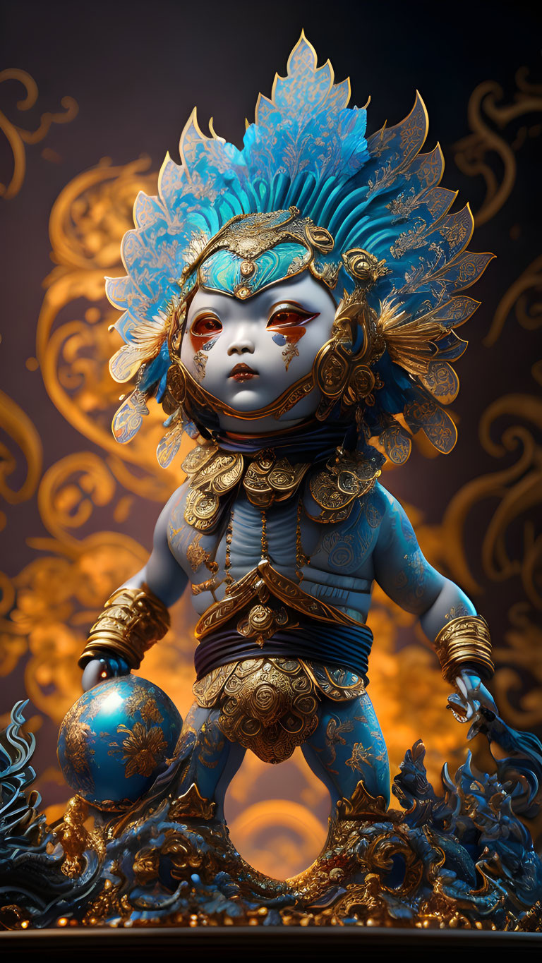 Detailed Mythical Deity Statue with Blue Skin and Golden Headdress