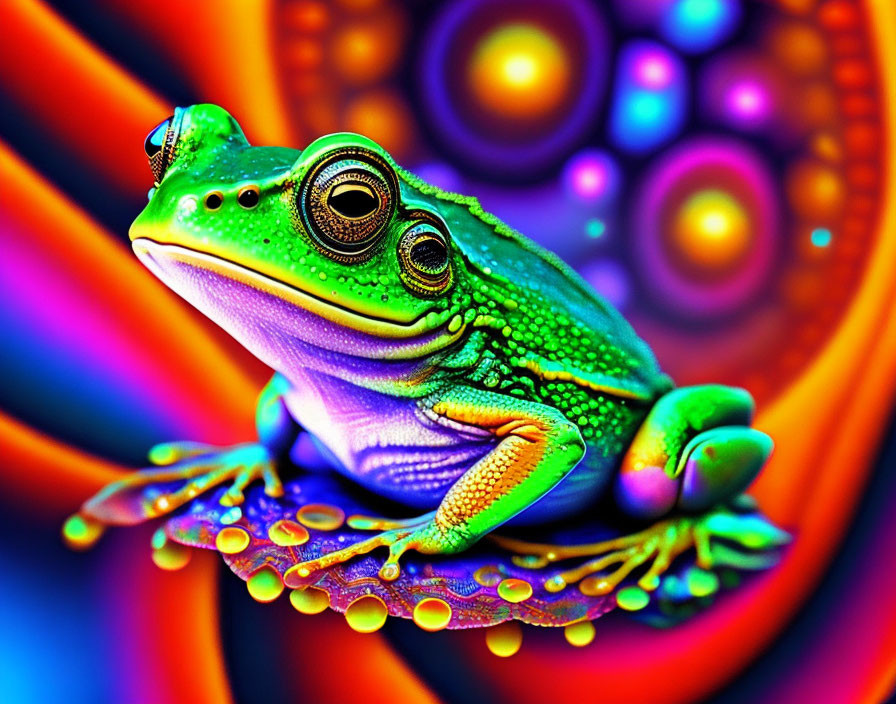 Colorful digital art: Exaggerated green frog on vibrant background