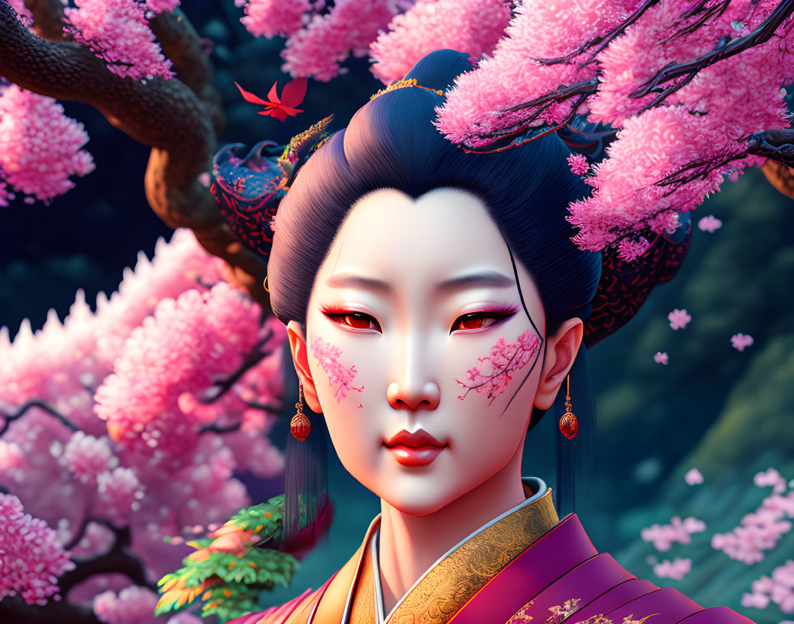 Illustration of Woman in Red and Purple Kimono with Cherry Blossoms