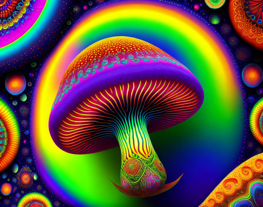 Colorful Psychedelic Mushroom Artwork on Multicolored Fractal Background