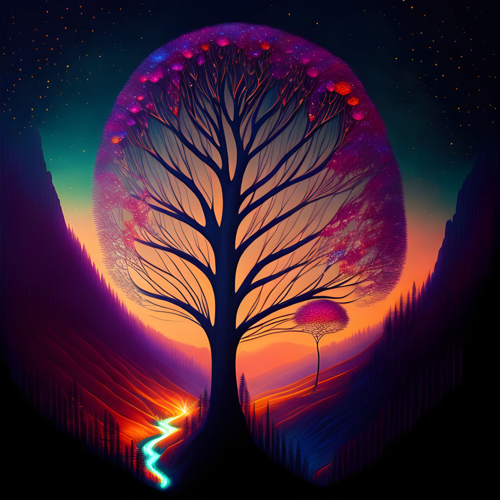 Colorful digital artwork: Tree in cosmic sunset scene with stars, river, mountains