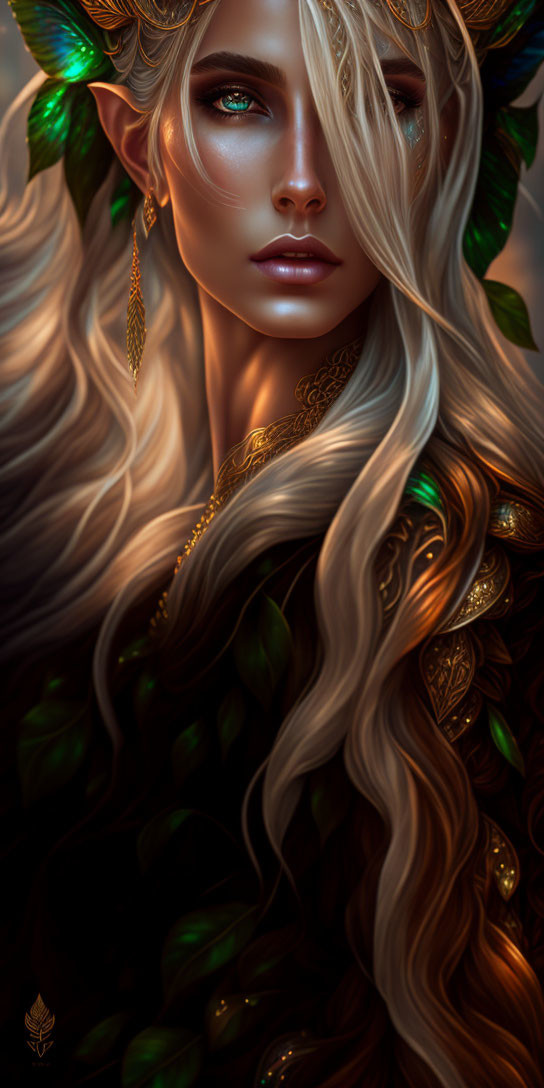 Elven figure with long hair and pointy ears in lush green setting