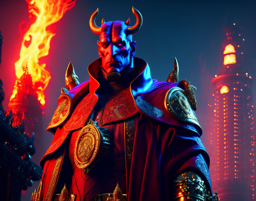 Horned demon in ornate armor against fiery backdrop with towers