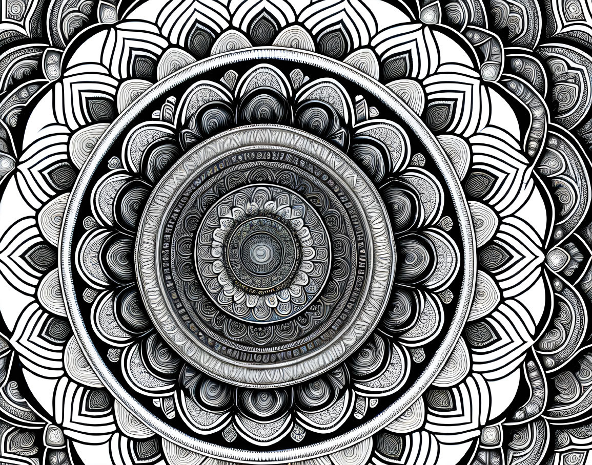 Intricate Monochromatic Mandala with Concentric Circles & Floral Geometric Motifs