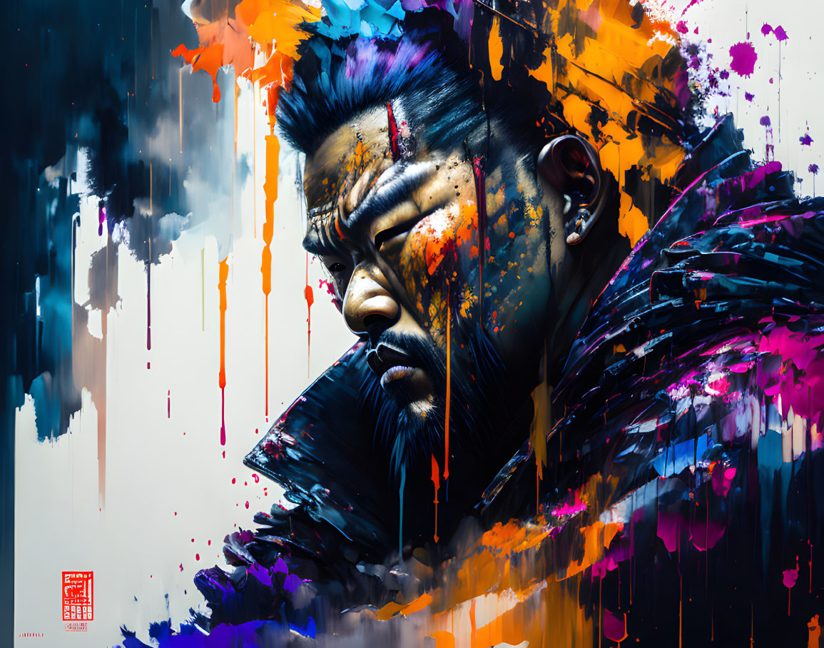 Colorful graffiti-style painting of a stern man in blue and purple tones