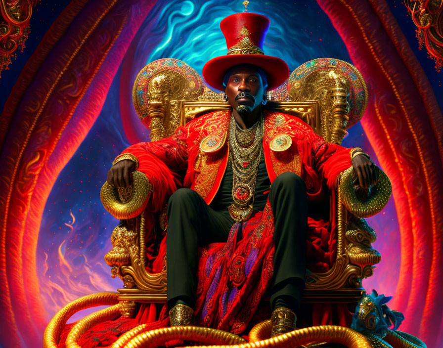 Regal person in red coat and top hat on golden throne with fiery and serpentine motifs