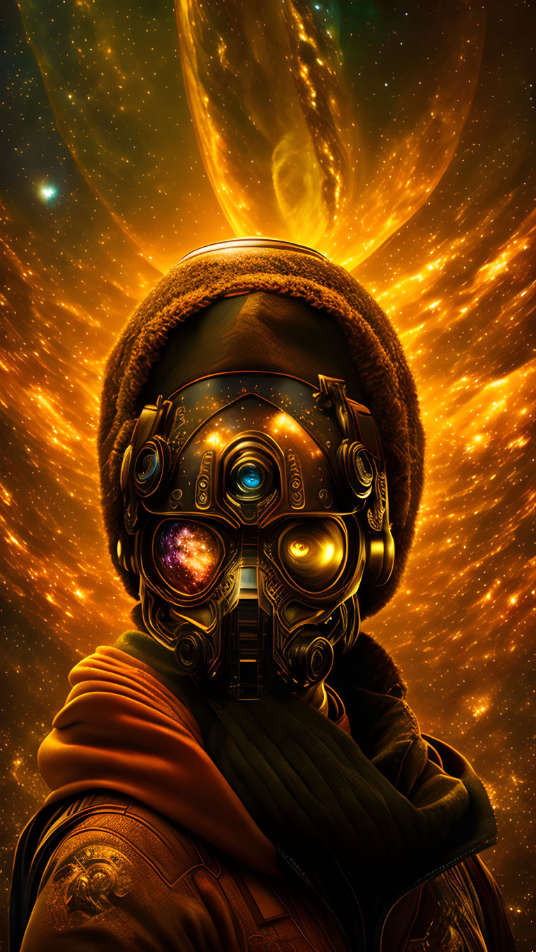 Futuristic helmet wearer gazes at golden nebulae