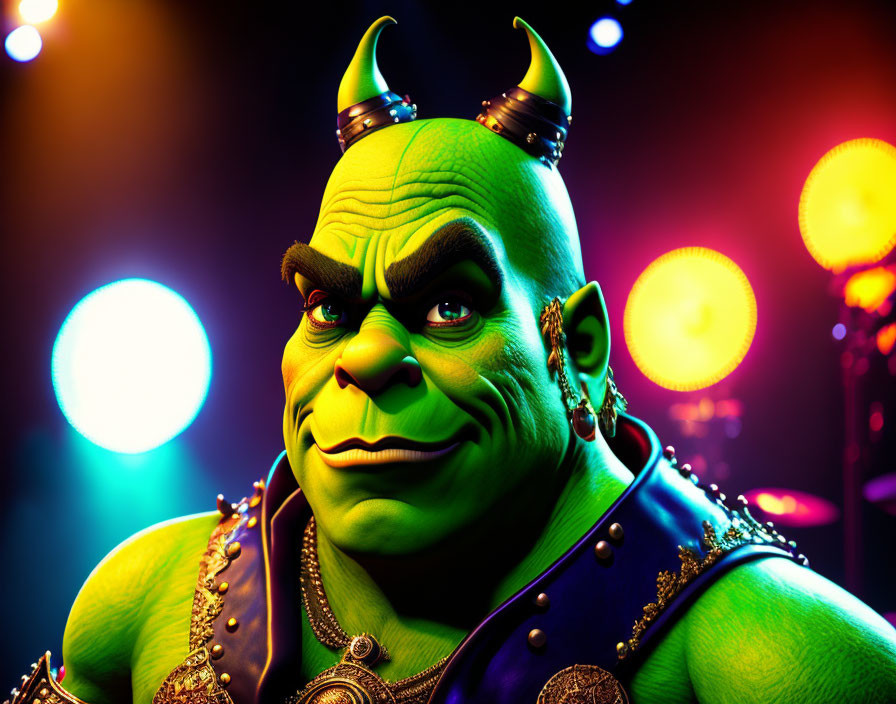 Green-skinned ogre with horns and earrings in 3D animation against colorful background