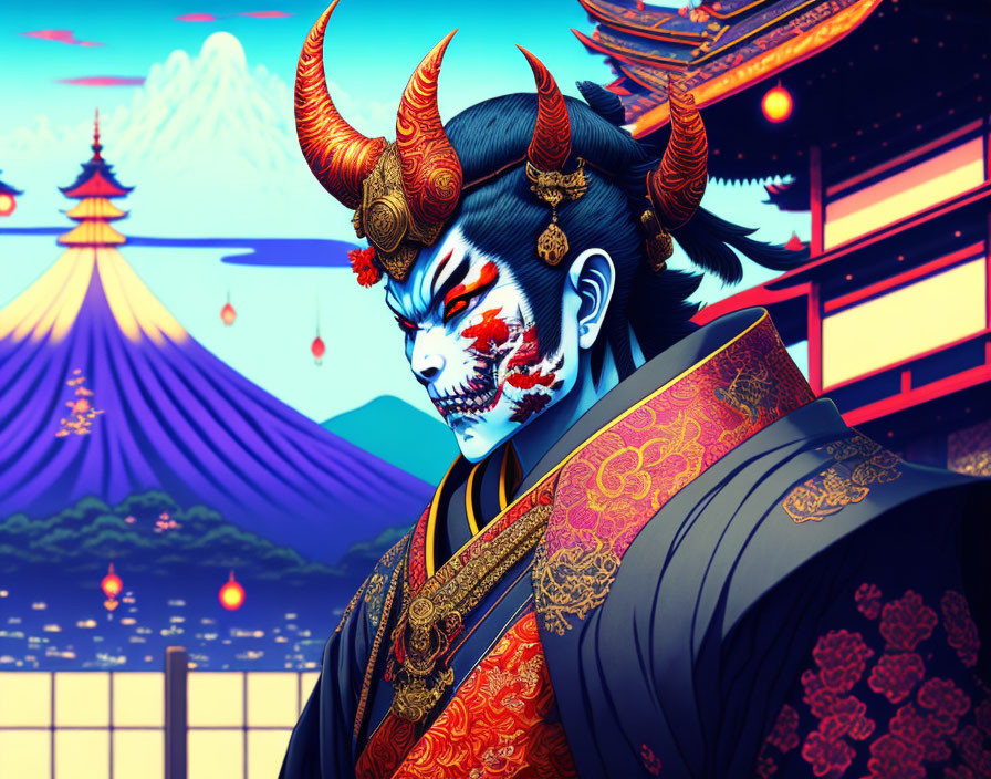 Illustration of figure in demonic Kabuki mask with Mount Fuji backdrop.