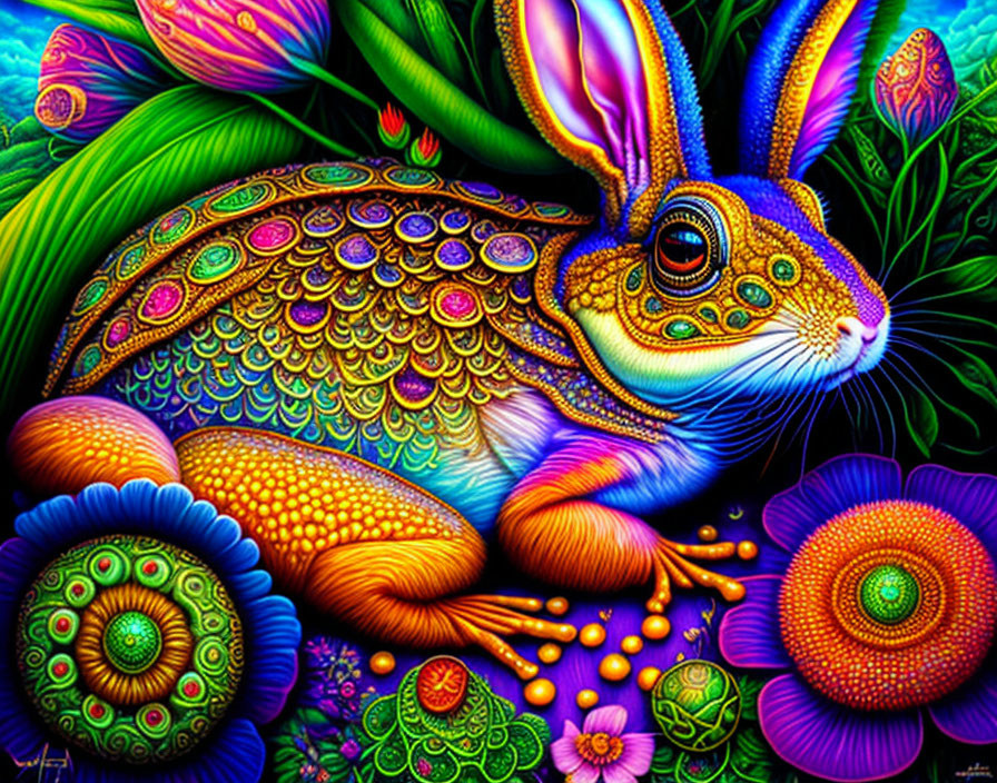 Colorful Psychedelic Rabbit Illustration with Intricate Floral Patterns