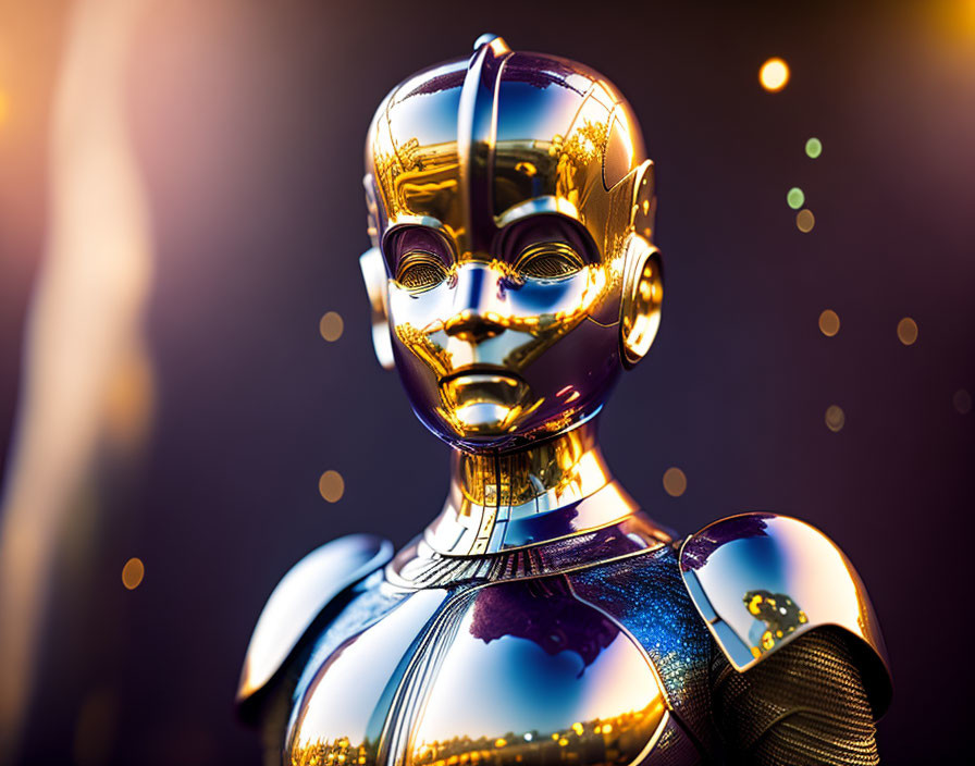 Shiny golden humanoid robot with intricate detailing on bokeh background