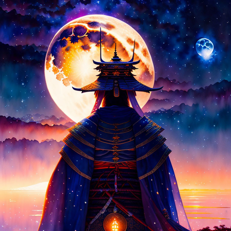 Digital art: Traditional Asian pagoda in fantastical moonlit scene