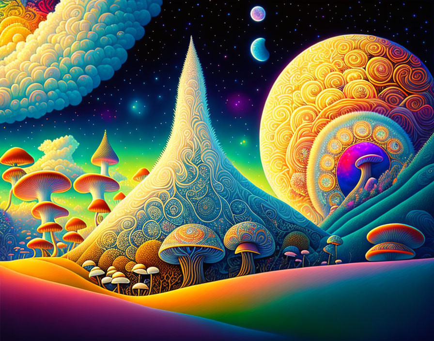 Colorful Mushroom Landscape with Celestial Bodies in Starry Sky