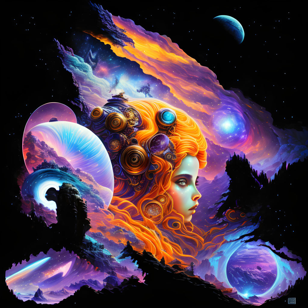 Colorful cosmic artwork with ethereal woman's face and surreal space elements