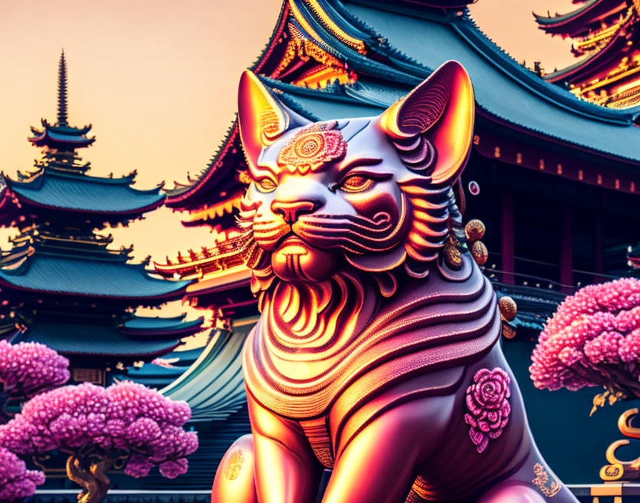 Stylized red and gold guardian lion statue with intricate designs amid Asian pagodas and pink bloss