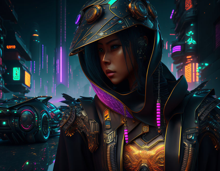 Futuristic armored woman in neon-lit cityscape.