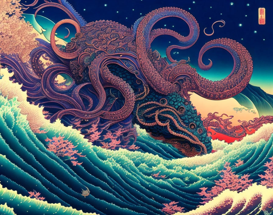 Ornate octopus design with Japanese art aesthetics