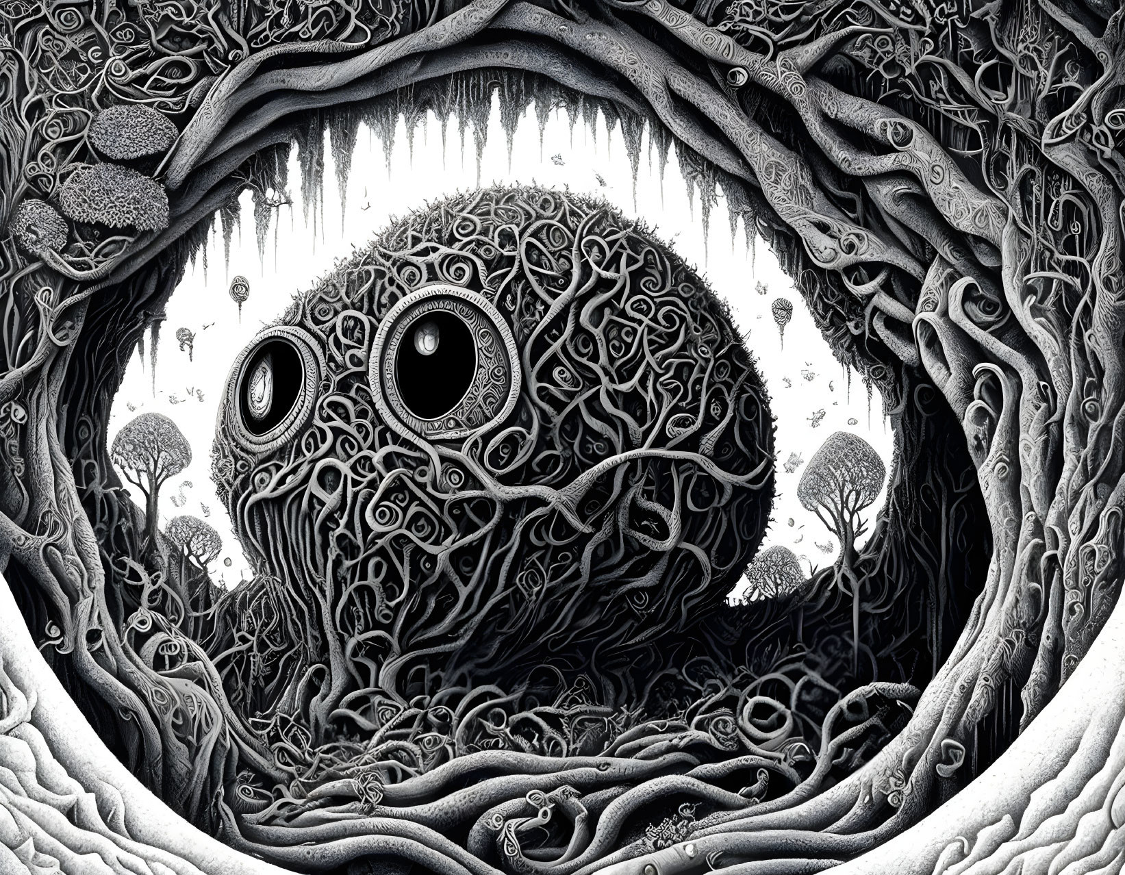 Detailed black and white surreal circular entity with large eyes in whimsical landscape