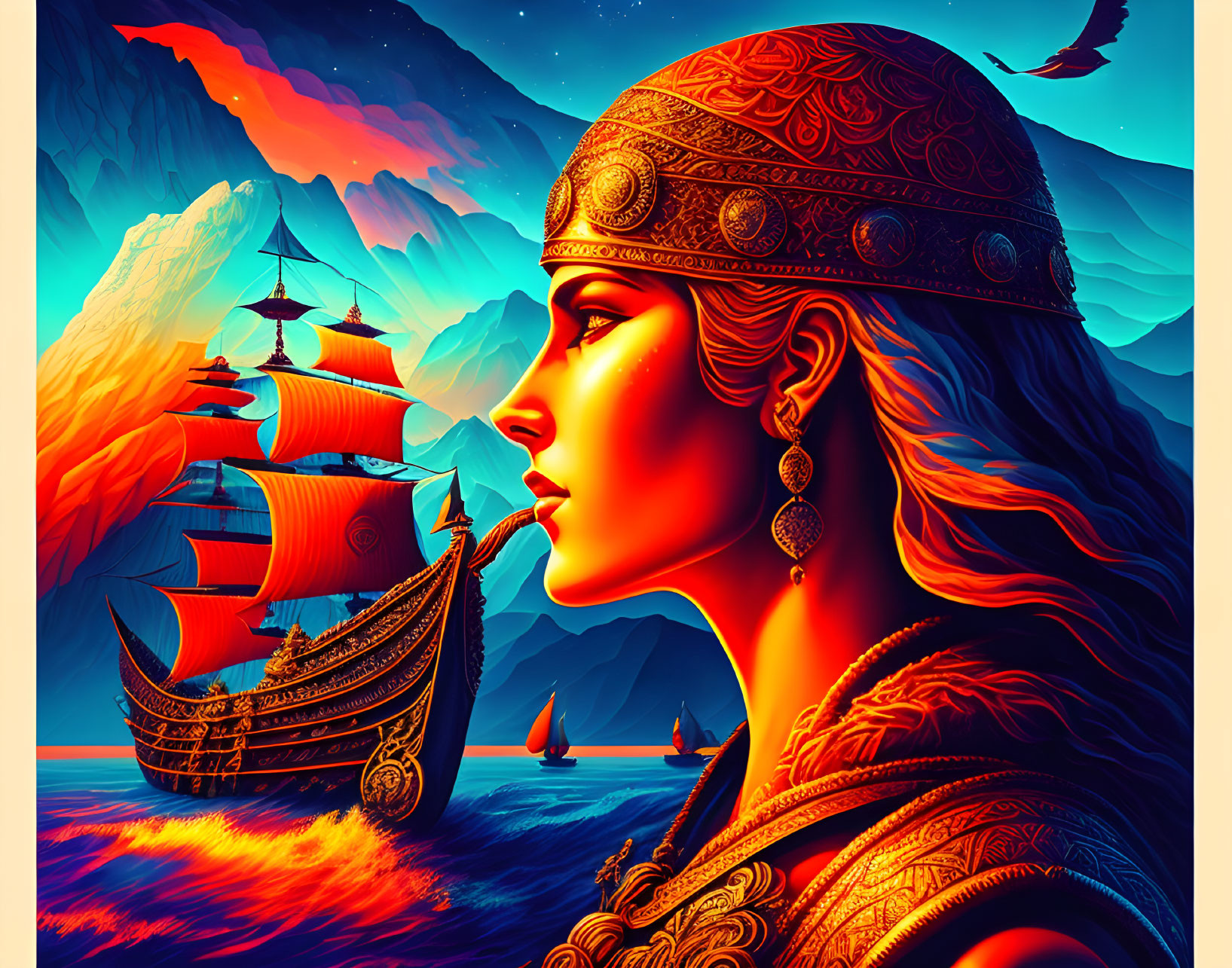 Illustration of woman in ornate armor with ships and sunset.