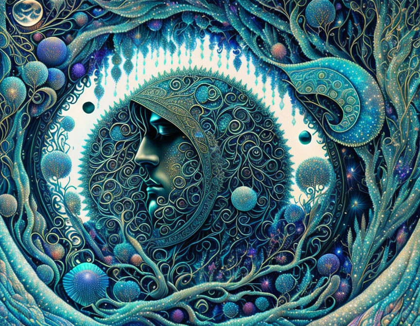 Surreal psychedelic artwork with intricate human profile in blue palette