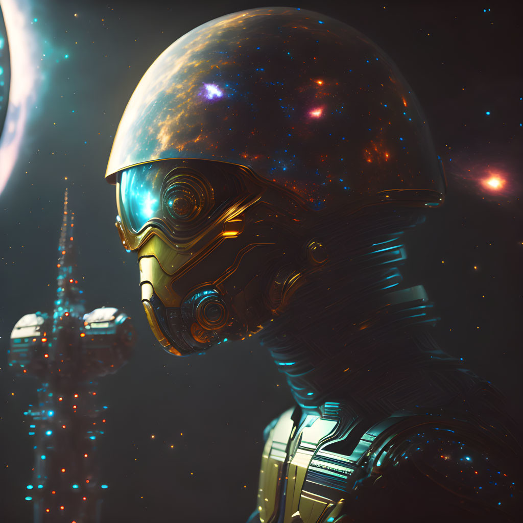 Futuristic android with reflective helmet in celestial cityscape