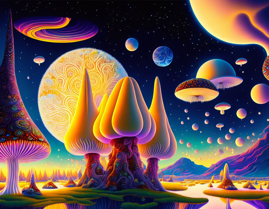 Colorful Psychedelic Landscape with Stylized Trees and Celestial Bodies