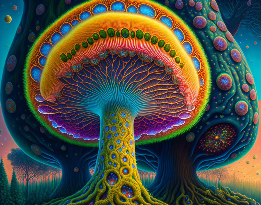 Colorful Psychedelic Tree Illustration with Vibrant Canopy