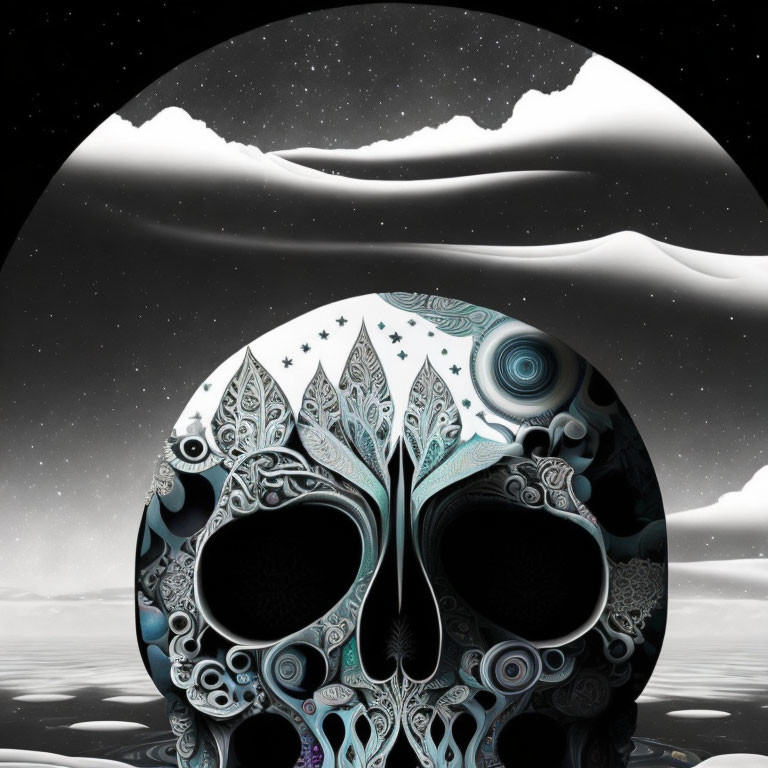 Intricate Decorative Skull Artwork with Cosmic Moon Backdrop