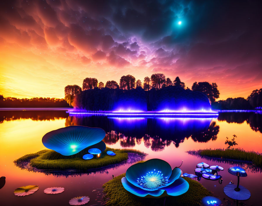 Enchanting nightscape with oversized glowing mushrooms and flowers by tranquil lakeside