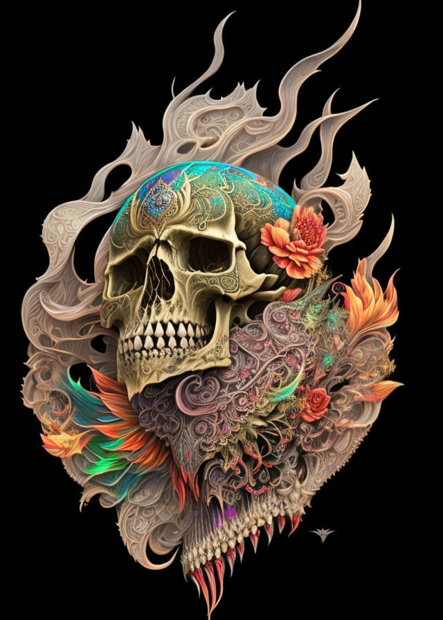 Colorful Skull Illustration with Floral and Gothic Elements