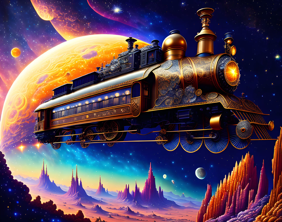 Vintage steam locomotive in vibrant space landscape with nebulae and planets