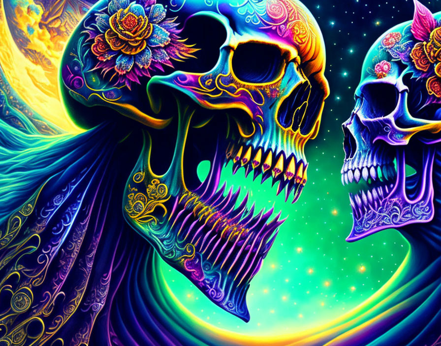 Colorful Psychedelic Skull Illustration with Cosmic Background