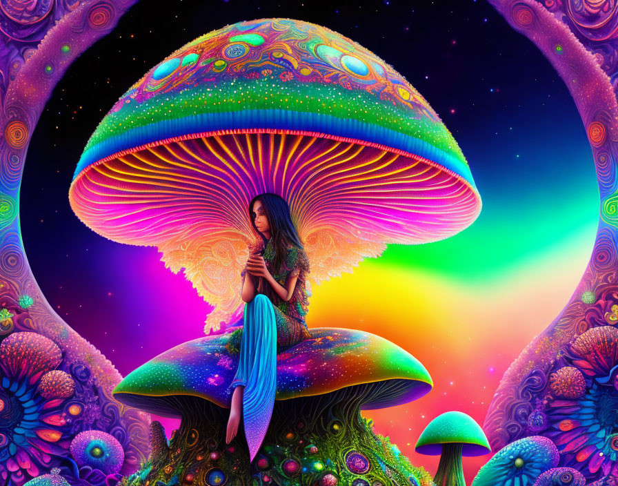 Colorful person on oversized mushroom in psychedelic setting