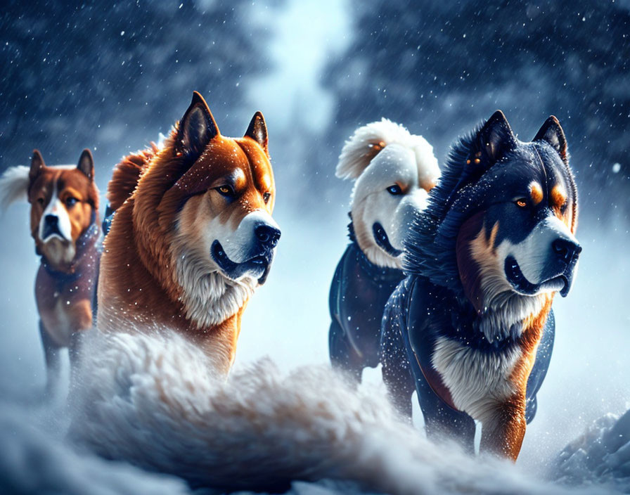 Four dogs similar to Siberian Huskies or Alaskan Malamutes in snowy setting, snow