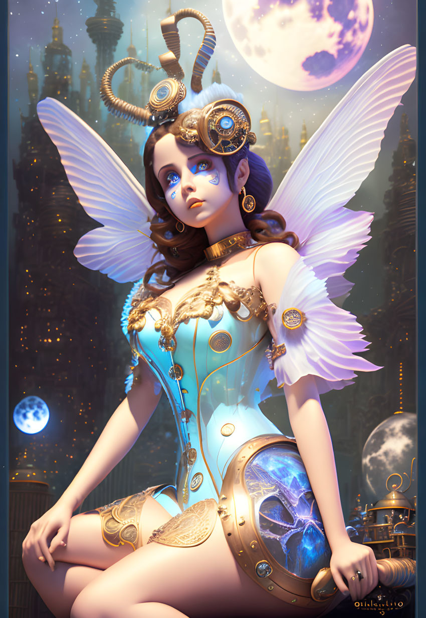 Fantasy illustration of female character with fairy wings and steampunk attire in cityscape with moons.