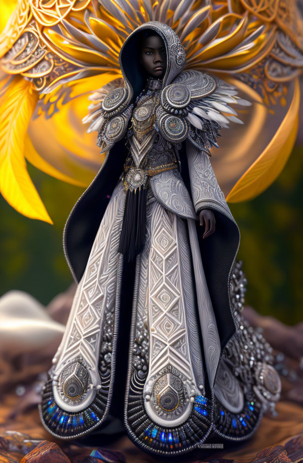 Ethereal figure in gold and black garb with golden headdress against autumn backdrop