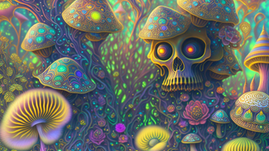 Colorful psychedelic mushrooms and plants with skull in fantastical setting