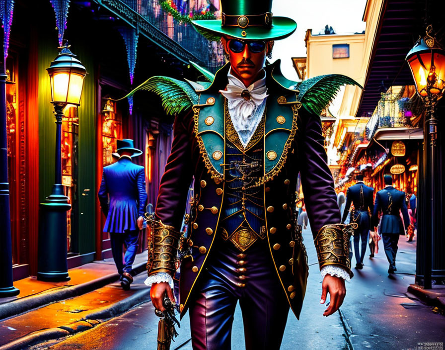 Elaborate Costume with Top Hat and Sunglasses in Vibrant Street Scene