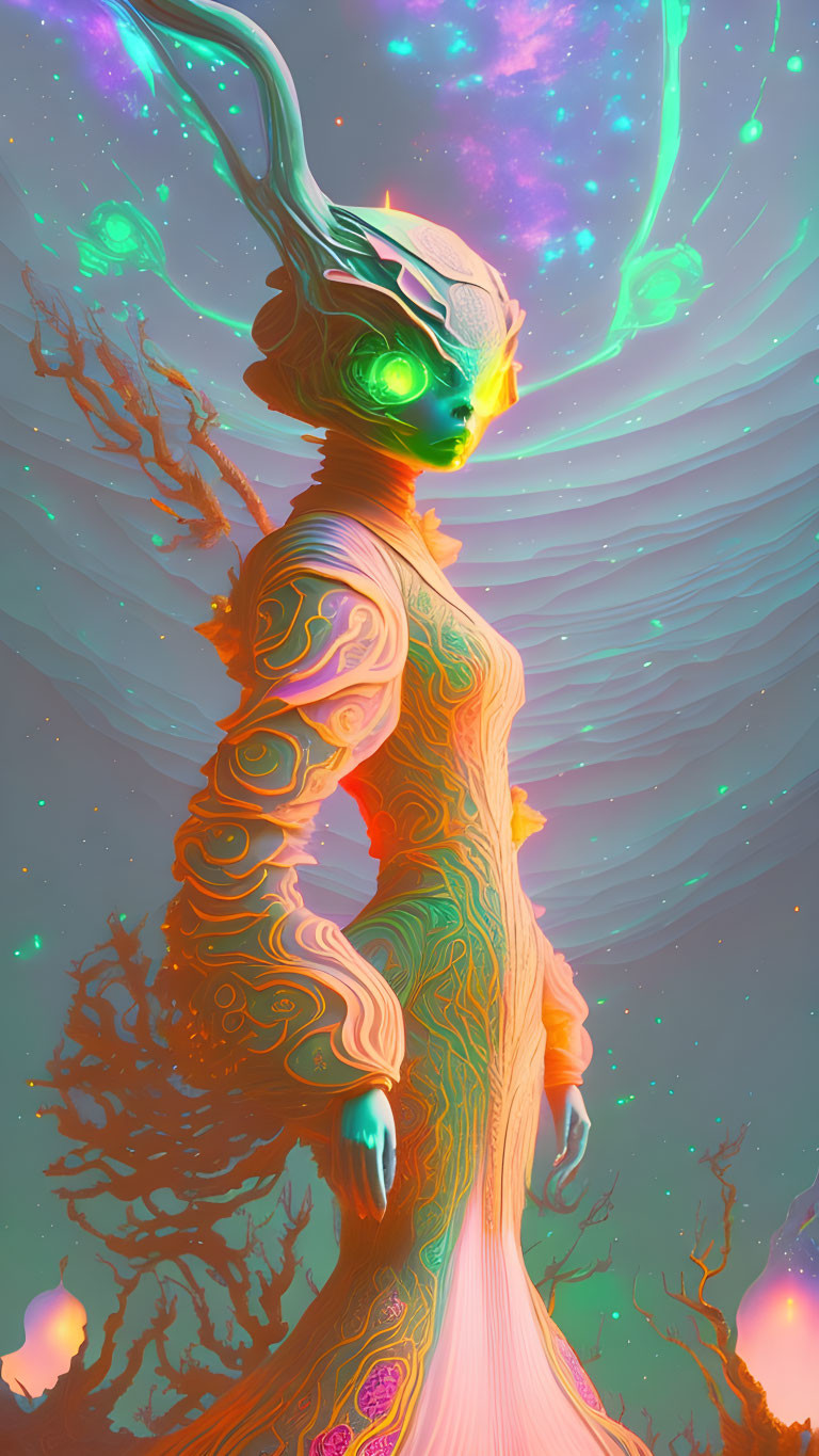 Vibrant digital art: humanoid figure with elongated head, swirling patterns, cosmic backdrop.