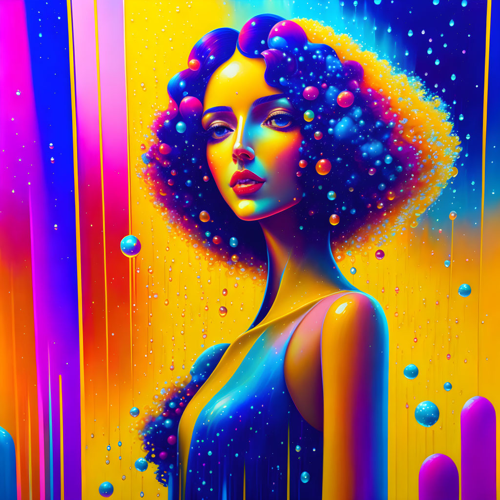 Colorful digital artwork featuring woman with cosmic bubble-like hair in fantastical multicolor setting.