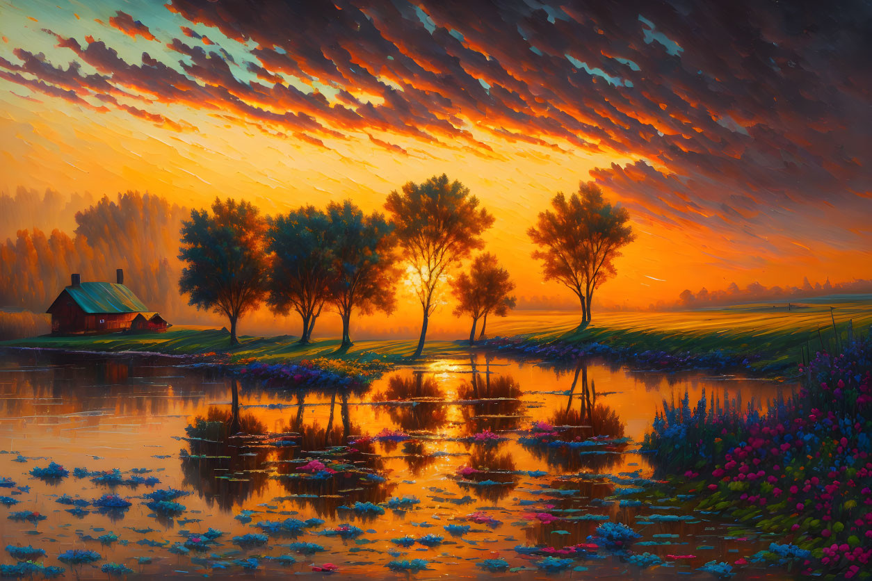 Colorful Sunset Landscape with Reflective Lake and Cottage