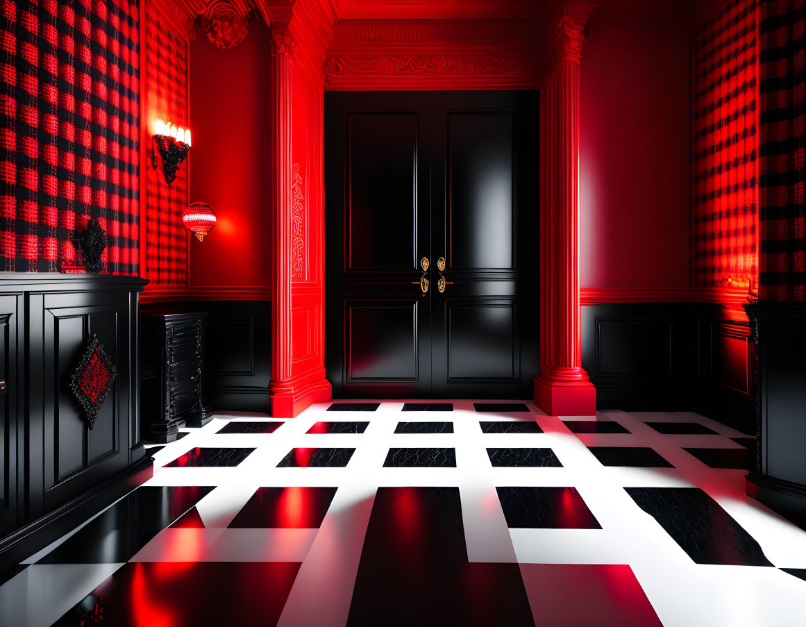 Bold Red Walls, Checkered Floor Tiles, Black Furniture & Ambient Red Lighting